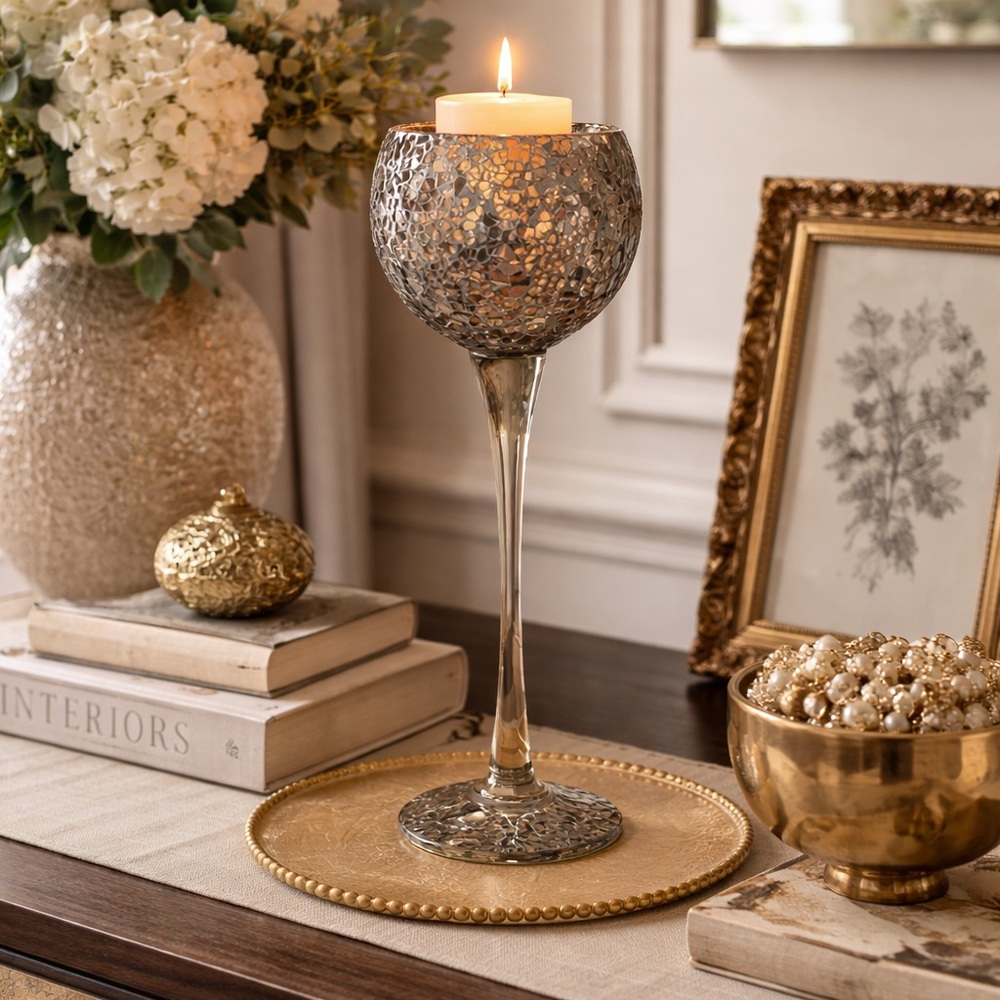 Tripar mosaic‎ glass pedestal candle holder tall crackle style decor READ
